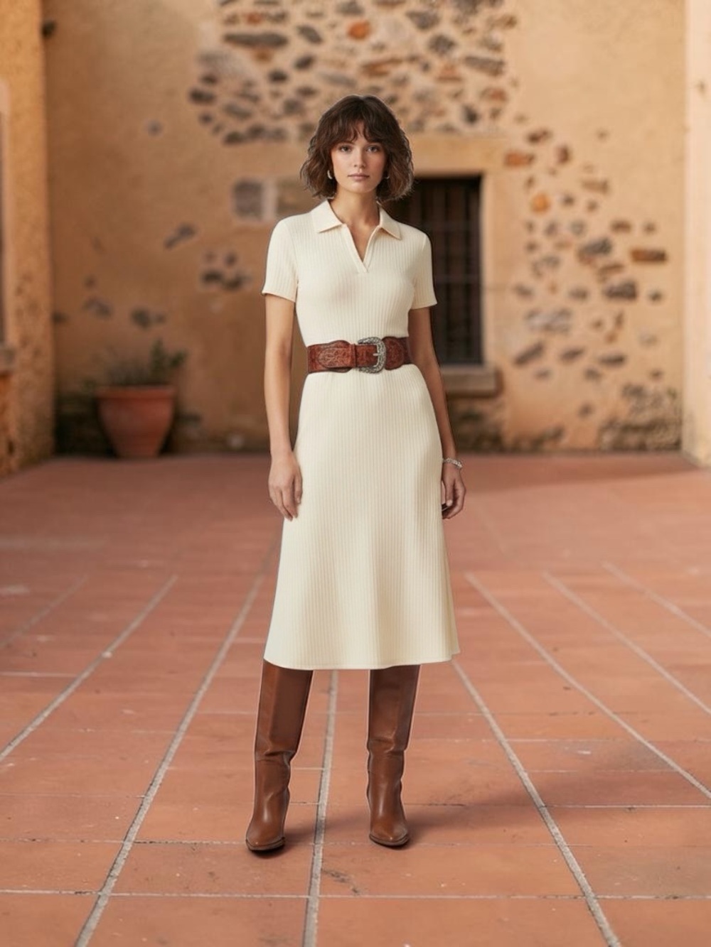 H&M Cream Ribbed Polo Midi Dress